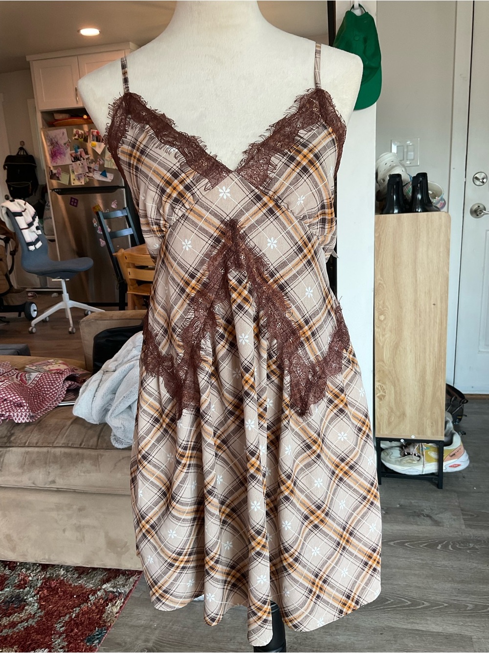 🍂Stitch & Pine Plaid Lace Trim Smocked Mini Dress Brown Tan Size